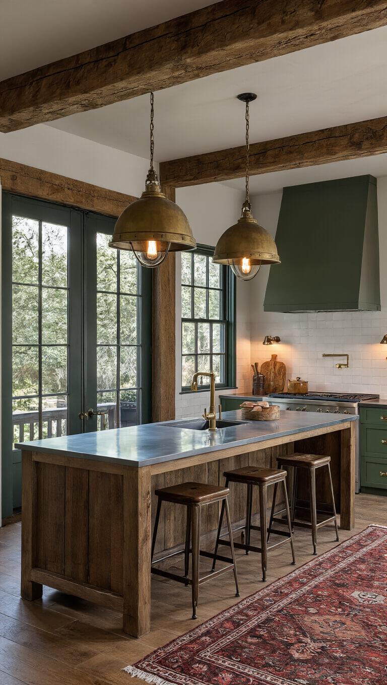 Cinematic view of rustic cabin kitchen at dusk with salvaged timber beams, green cabinets, zinc island, and warm brass accents.