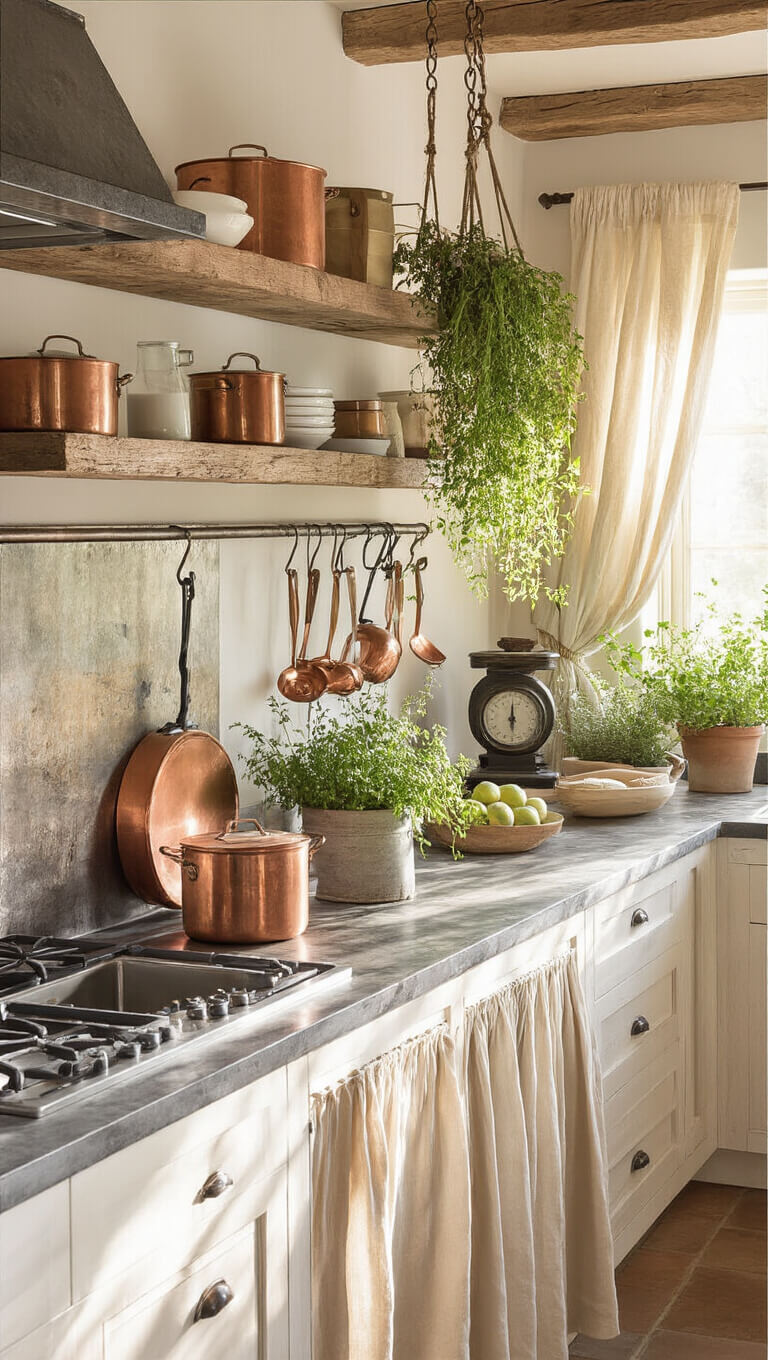 Rustic 12x10ft galley kitchen with morning sun highlighting herb racks, copper cookware, soapstone counters, hammered metal backsplash, and vintage decor elements.
