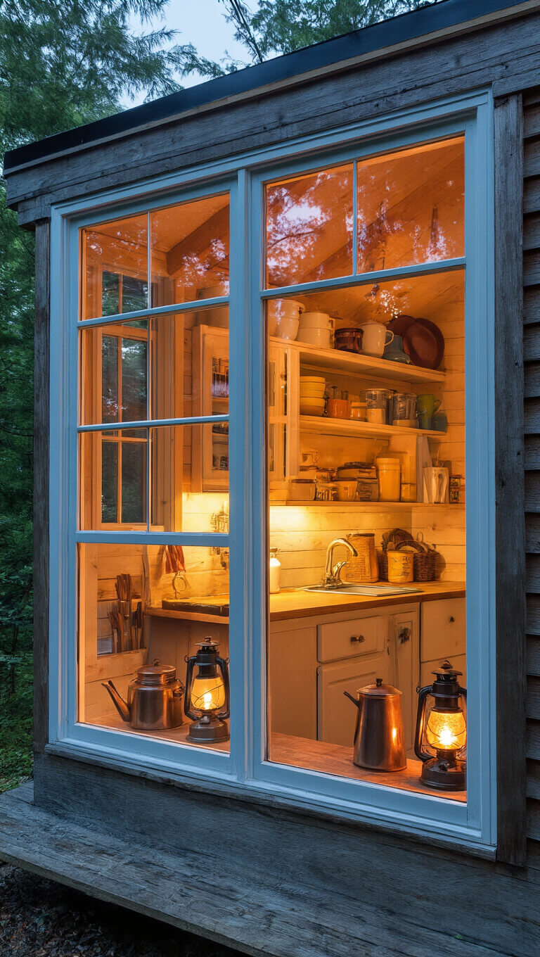 Twilight view through multi-pane windows into a cozy, warmly lit cabin kitchen with open shelves, vintage enamelware, oil lamps, and copper accents.