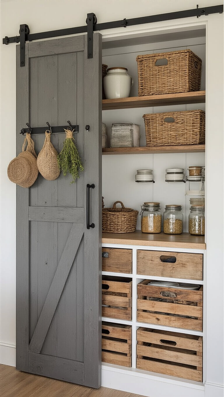 Cabin kitchen pantry with sliding barn door open, revealing organized shelves with baskets, crocks, mason jars, and hanging herbs in afternoon light.