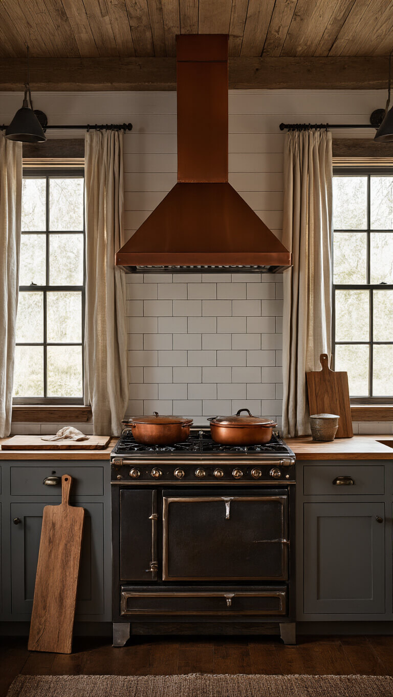 Moody night kitchen with antique stove, cast iron cookware, copper hood, and warm sconce lighting casting shadows on shiplap walls.