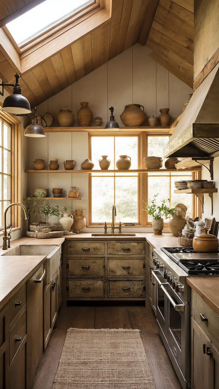 Sunlit cabin kitchen with skylights, vintage pottery on floating shelves, salvaged apothecary cabinet, mixed metal fixtures, and handwoven textiles.