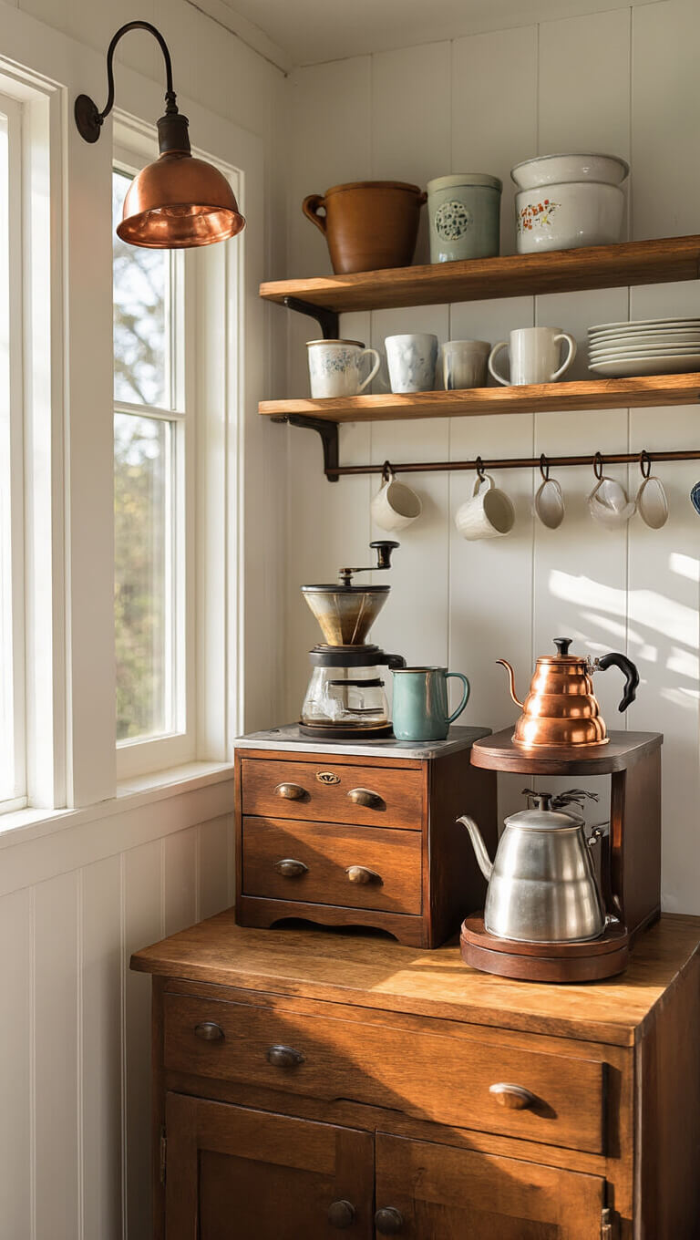 Sunrise-lit cabin coffee station with vintage Hoosier cabinet, manual grinder, copper kettle, and mugs on open shelves.