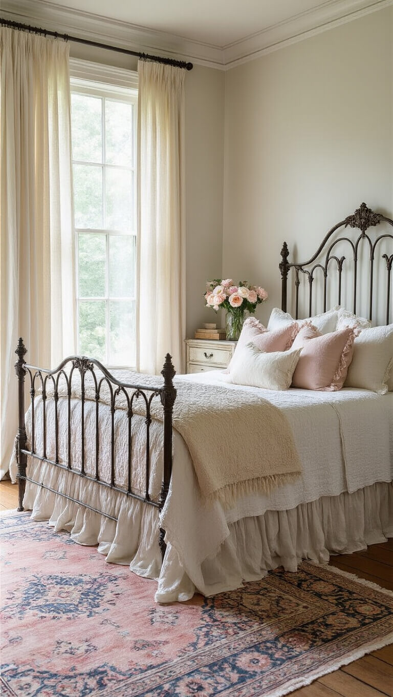 Sunlit vintage bedroom with ornate white iron bed, layered pastel bedding, sheer curtains, French dresser with peonies, and faded Persian rug.