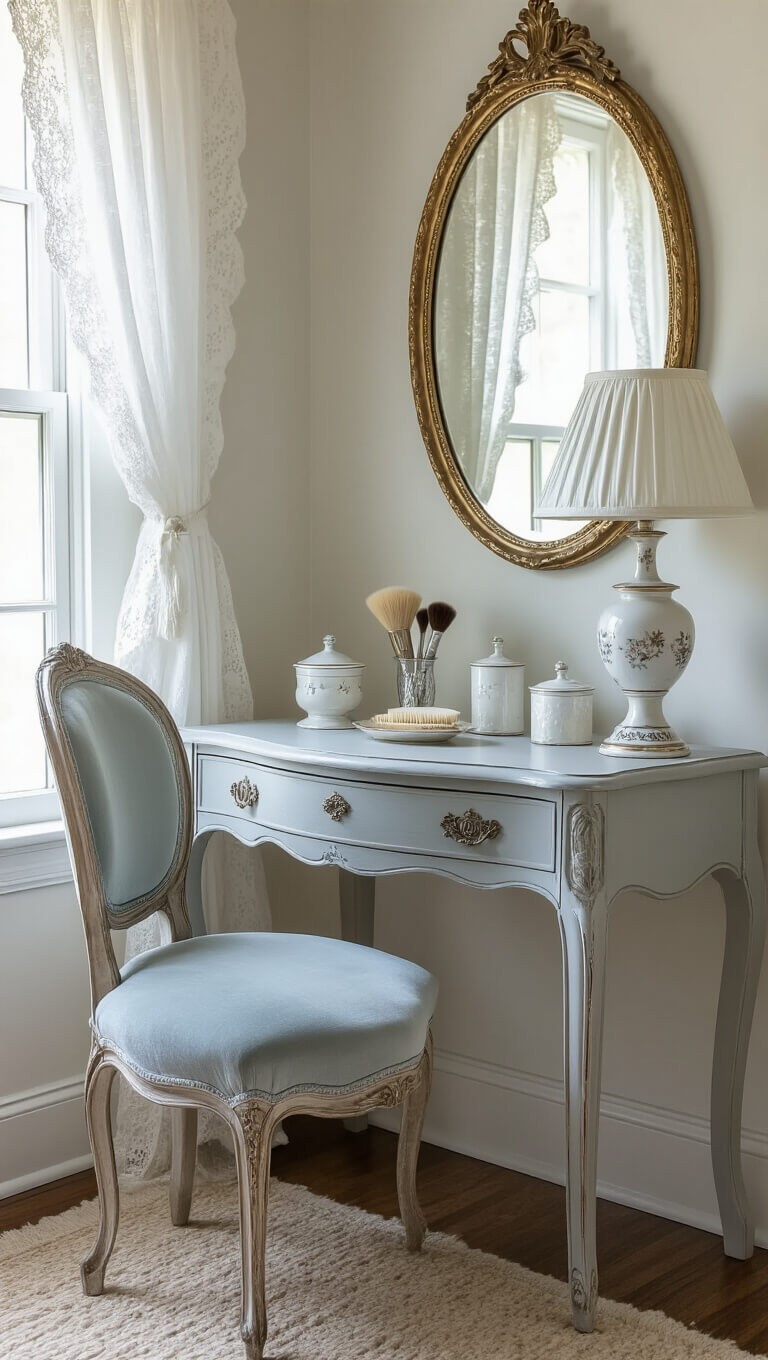 Vintage dove gray vanity with gilt oval mirror in softly lit bedroom corner, styled with antique silver brushes, milk glass, and porcelain lamp, beneath lace-curtained window.