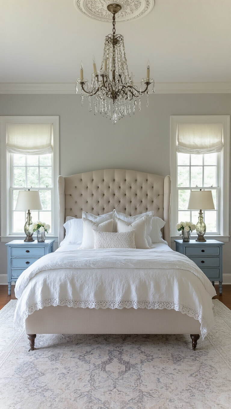 Elegant master bedroom with tufted linen wingback bed, layered white bedding, Swedish blue nightstands, crystal chandelier, and afternoon light on pale gray walls.