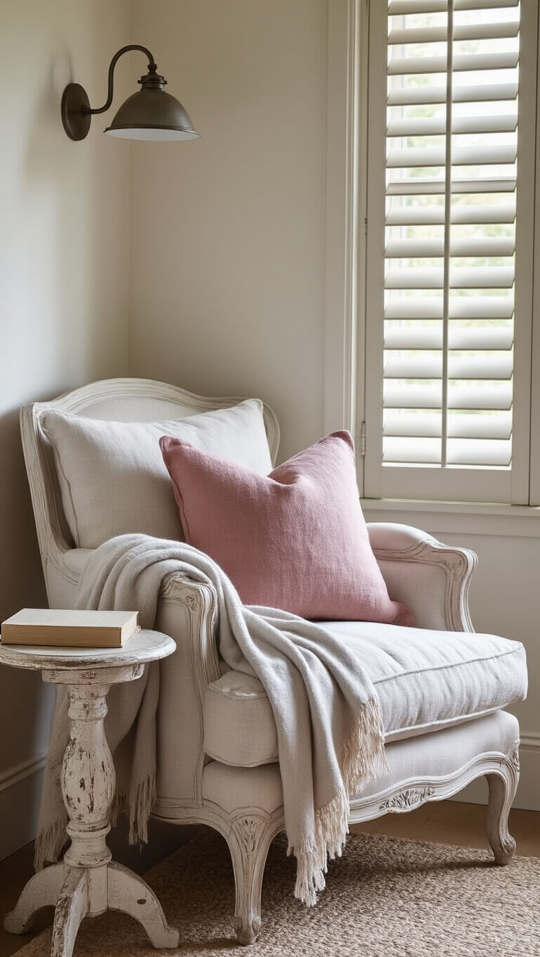 Close-up of cozy bedroom reading nook with vintage bergère chair, rose linen cushions, gray mohair throw, distressed side table, zinc wall sconce, and white wooden shutters filtering morning light.