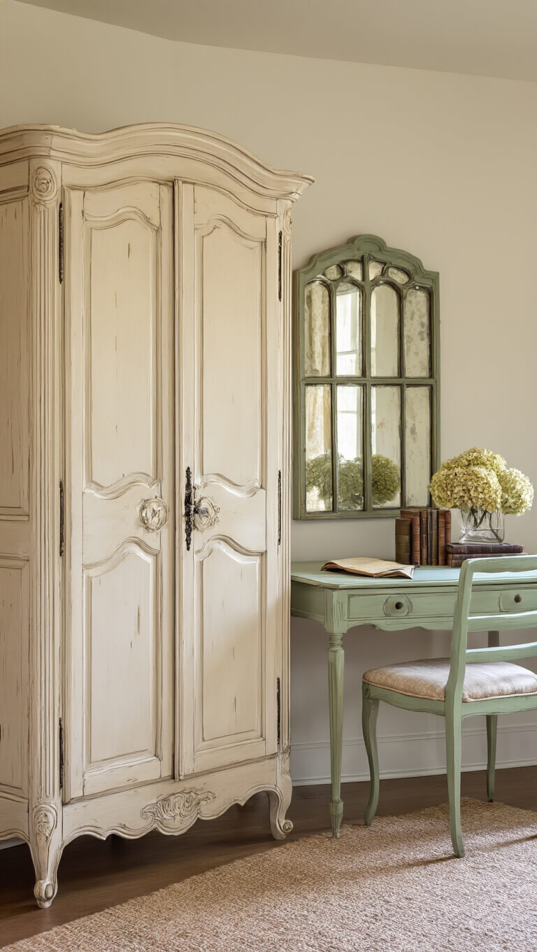 Straight-on view of a master bedroom entrance at golden hour featuring an antique cream French armoire, distressed sage writing desk with vintage books and dried hydrangeas, and double doors with antiqued mirror panels reflecting warm light.