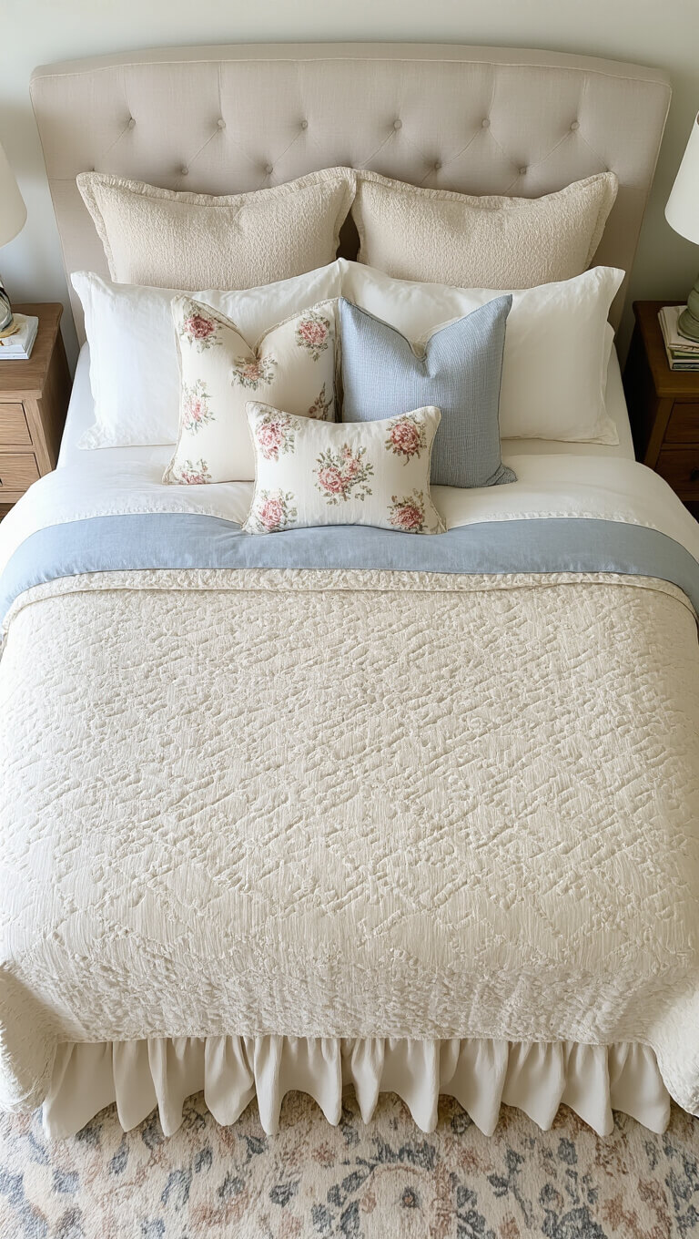 Bird's eye view of a queen bed with an ivory chenille bedspread, textured European shams, floral accent pillows in blush and powder blue, and a natural linen ruffled dust ruffle.