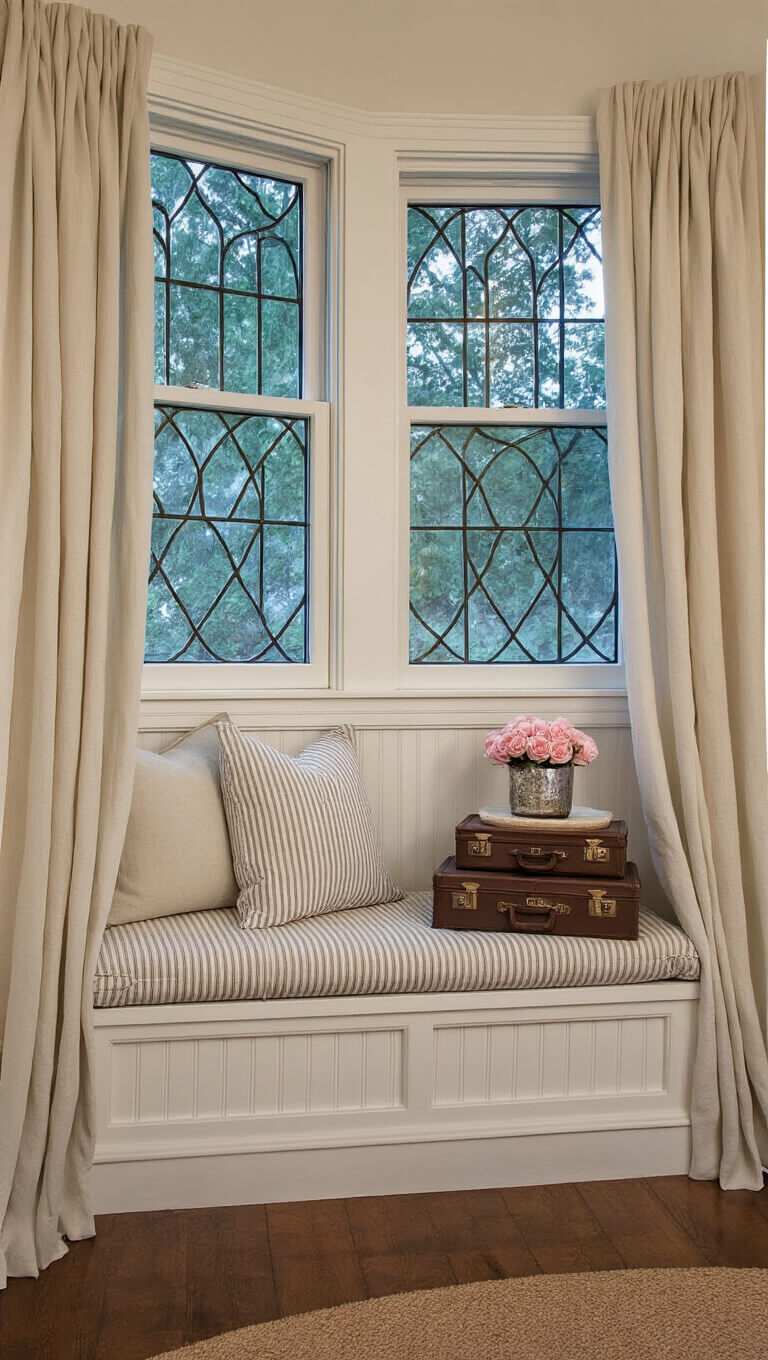 Romantic window seat at dusk with tufted cushions, leaded glass windows, linen curtains, vintage suitcases, and pink roses in mercury glass.