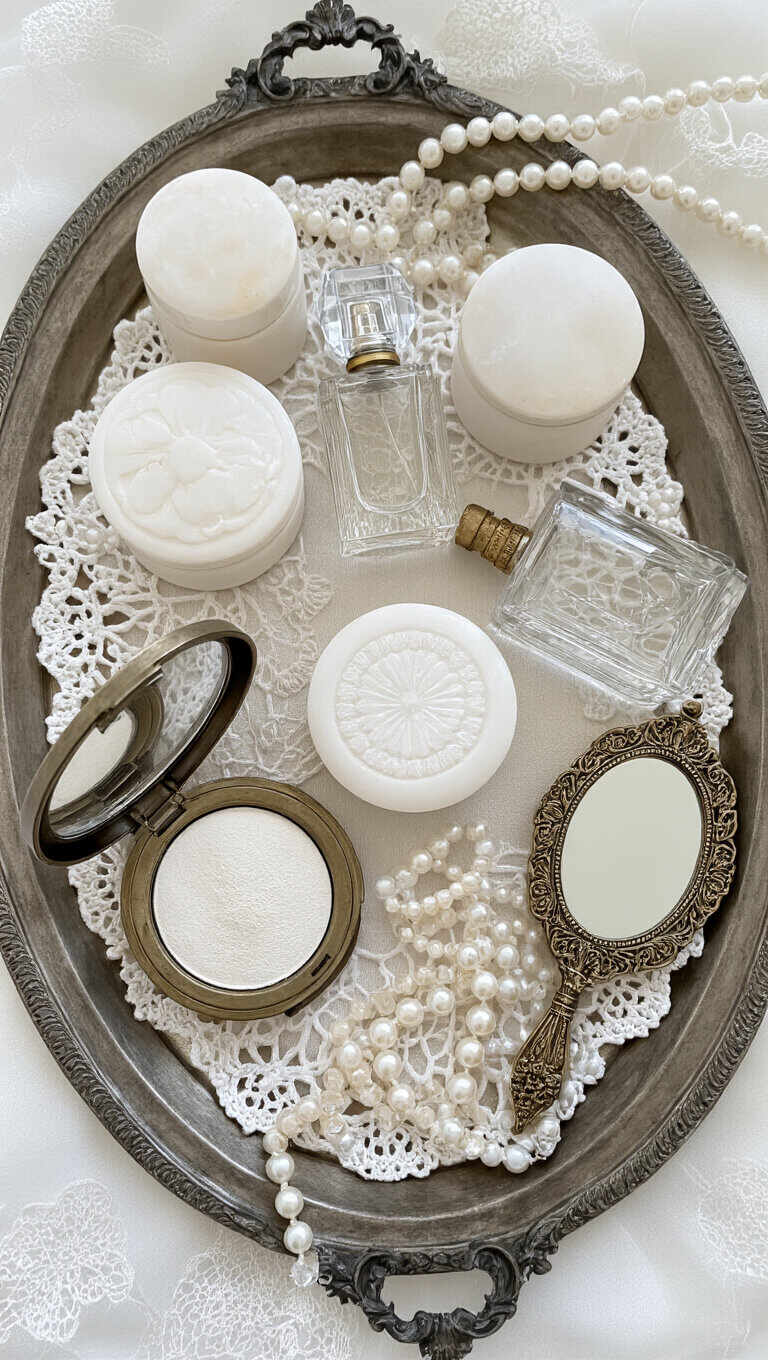 Overhead flat lay of vintage vanity items on a silver tray with lace doilies, alabaster powder boxes, crystal perfume bottles, brass-handled mirror, and draped pearl strand.
