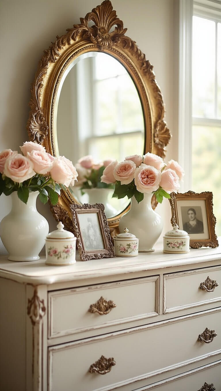 Dresser top with ornate mirror, milk glass vases of blush roses, vintage photo frames, and porcelain trinket boxes in soft morning light.