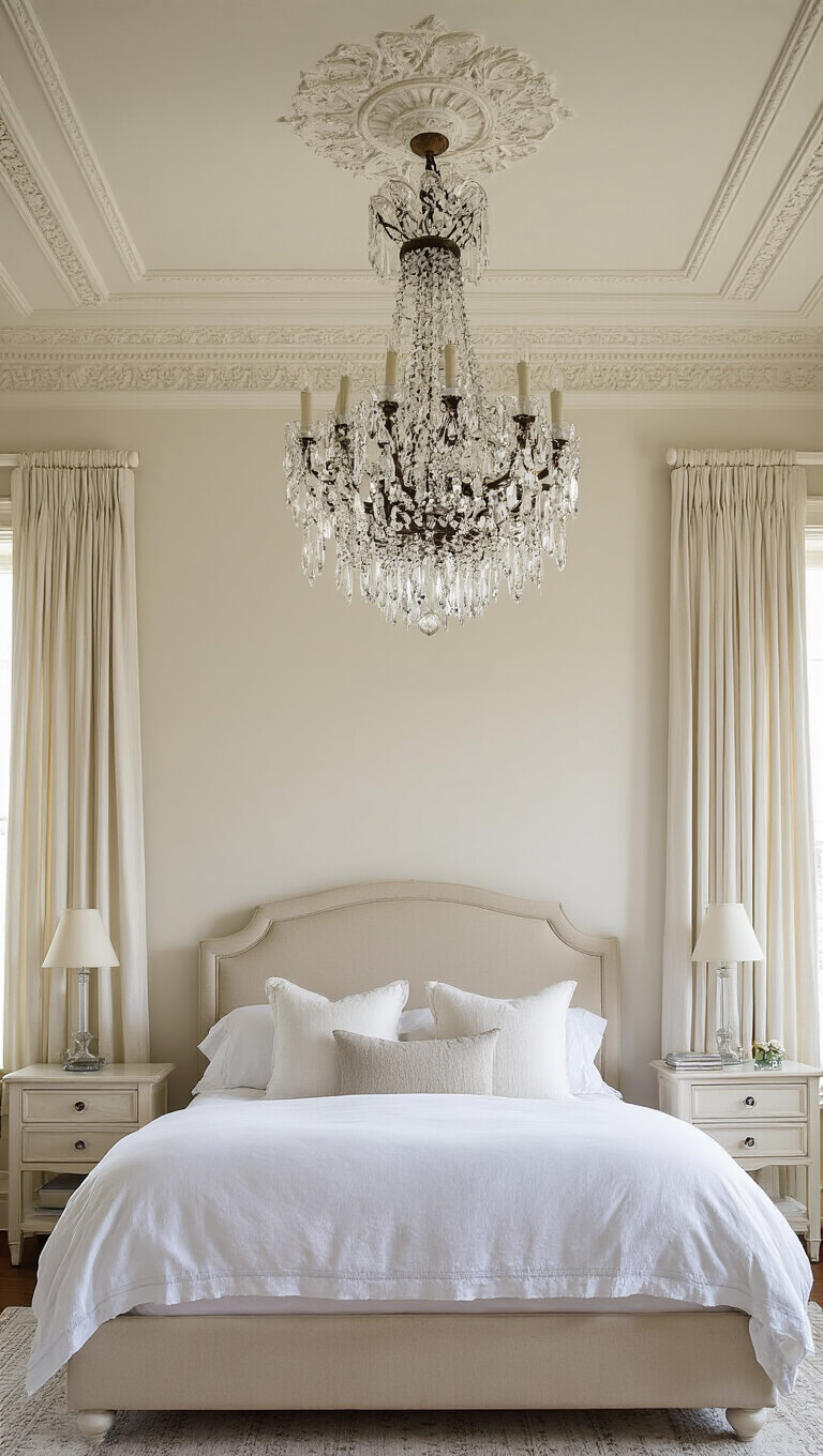 Wide-angle view of elegant 1920s bedroom with 12ft cream ceilings, plaster crown molding, crystal chandelier, king bed with white linens, vintage nightstands, and gauzy curtains filtering daylight.