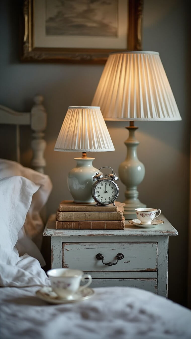 Vintage-style bedside table with ceramic lamp, stacked antique books, silver clock, and bone china teacup in soft evening light.