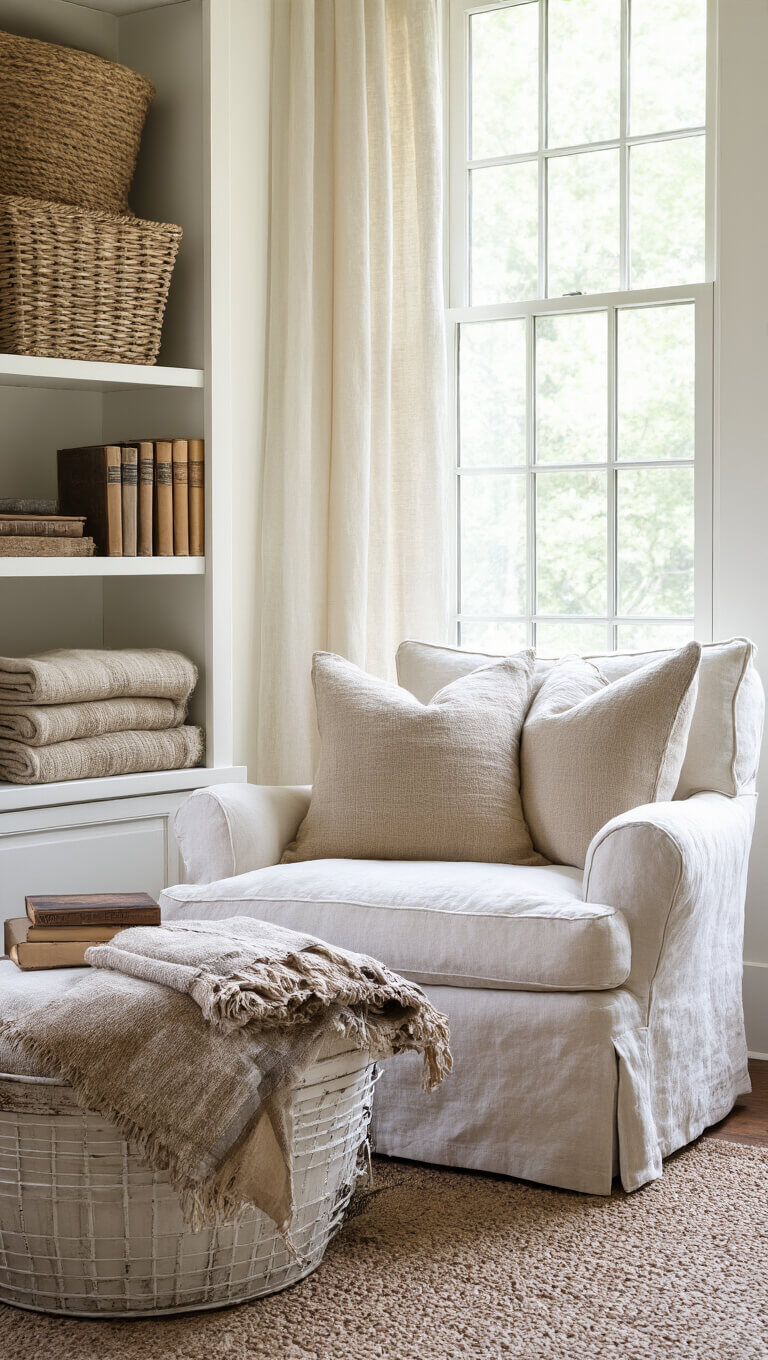 Cozy reading corner with natural linen slipcovered bergère chair, distressed ottoman, vintage grain sack pillows, stacked antique books on rustic table, and white-washed basket of rolled blankets in soft natural light.