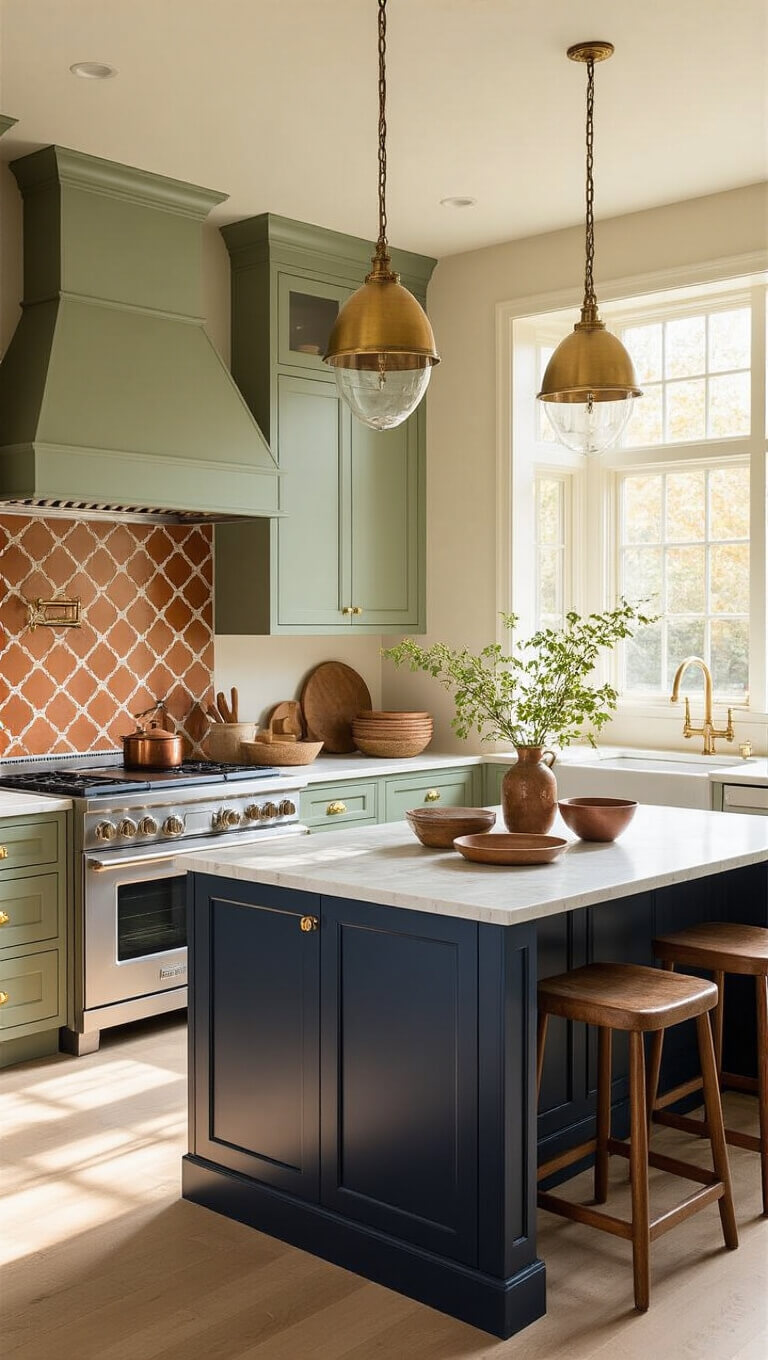 Spacious 12x15ft kitchen with sage green cabinets, navy island, terracotta backsplash, and golden hour light through west-facing windows.