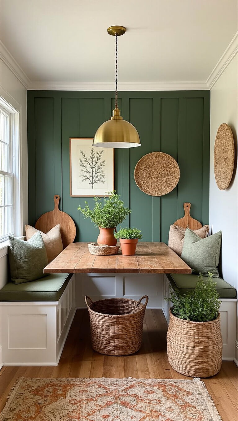 Cozy kitchen nook with forest green accent wall, rustic wooden table, mid-century brass pendant, and vintage decor in warm morning light.