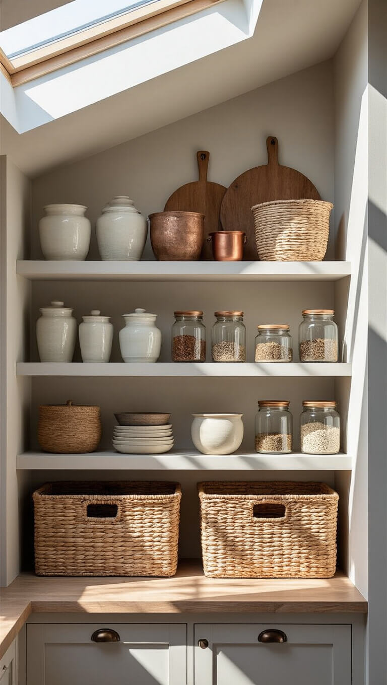Intimate built-in shelving with ceramics, glass jars, woven baskets, and copper accents in natural skylight.