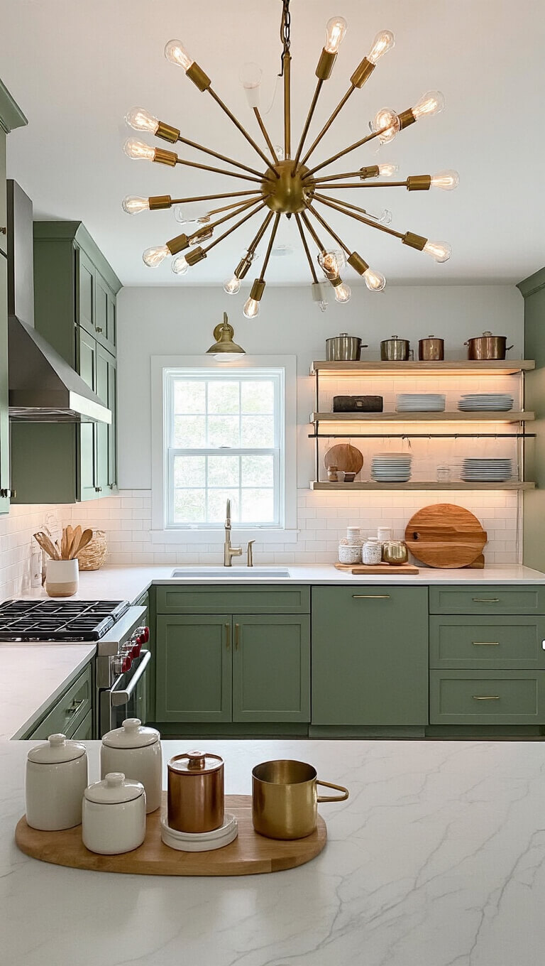 Wide-angle view of galley kitchen with sage green cabinets, aged brass sputnik chandelier, copper pot rack, and grouped kitchen accessories under ambient LED lighting.