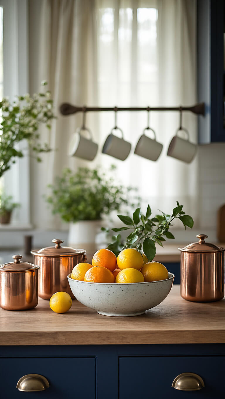 Artisanal ceramic bowl of citrus on navy kitchen island with copper accents and soft bokeh in afternoon light.