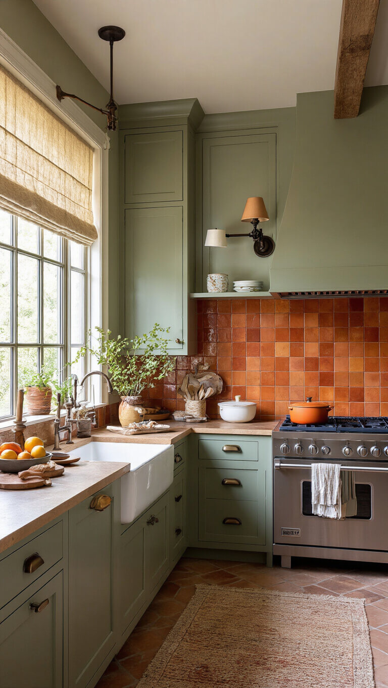 Chef's kitchen with terracotta backsplash and sage cabinets, lit by golden hour light and vintage sconces, styled with seasonal decor and organized cooking tools.
