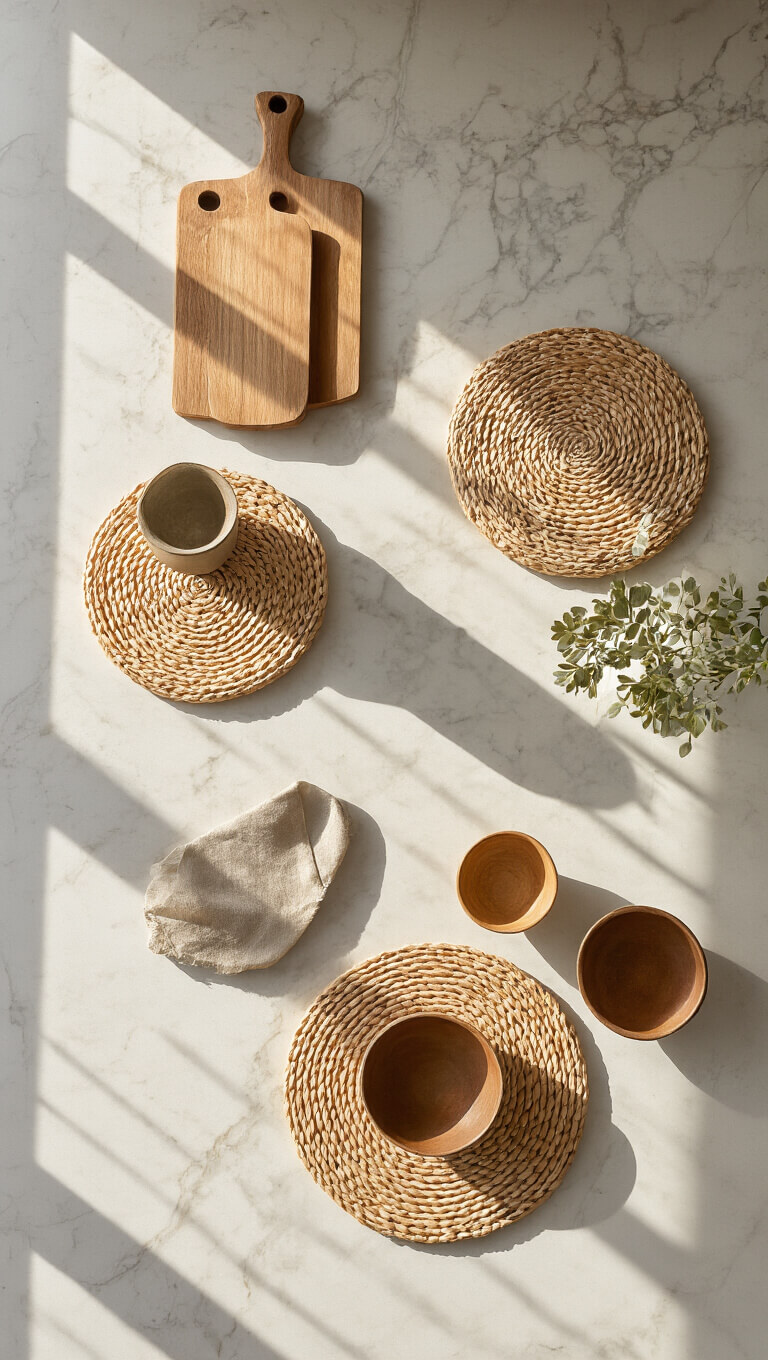 Overhead view of marble kitchen counter with wooden boards, woven trivets, and earth-toned ceramic bowls in morning light.