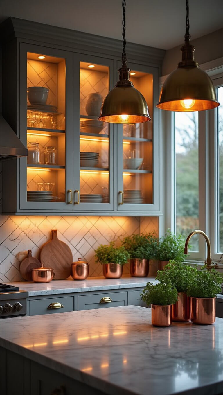 Dramatic dusk kitchen with glowing glass cabinets, marble counters, vintage brass lights, and copper herb planters.