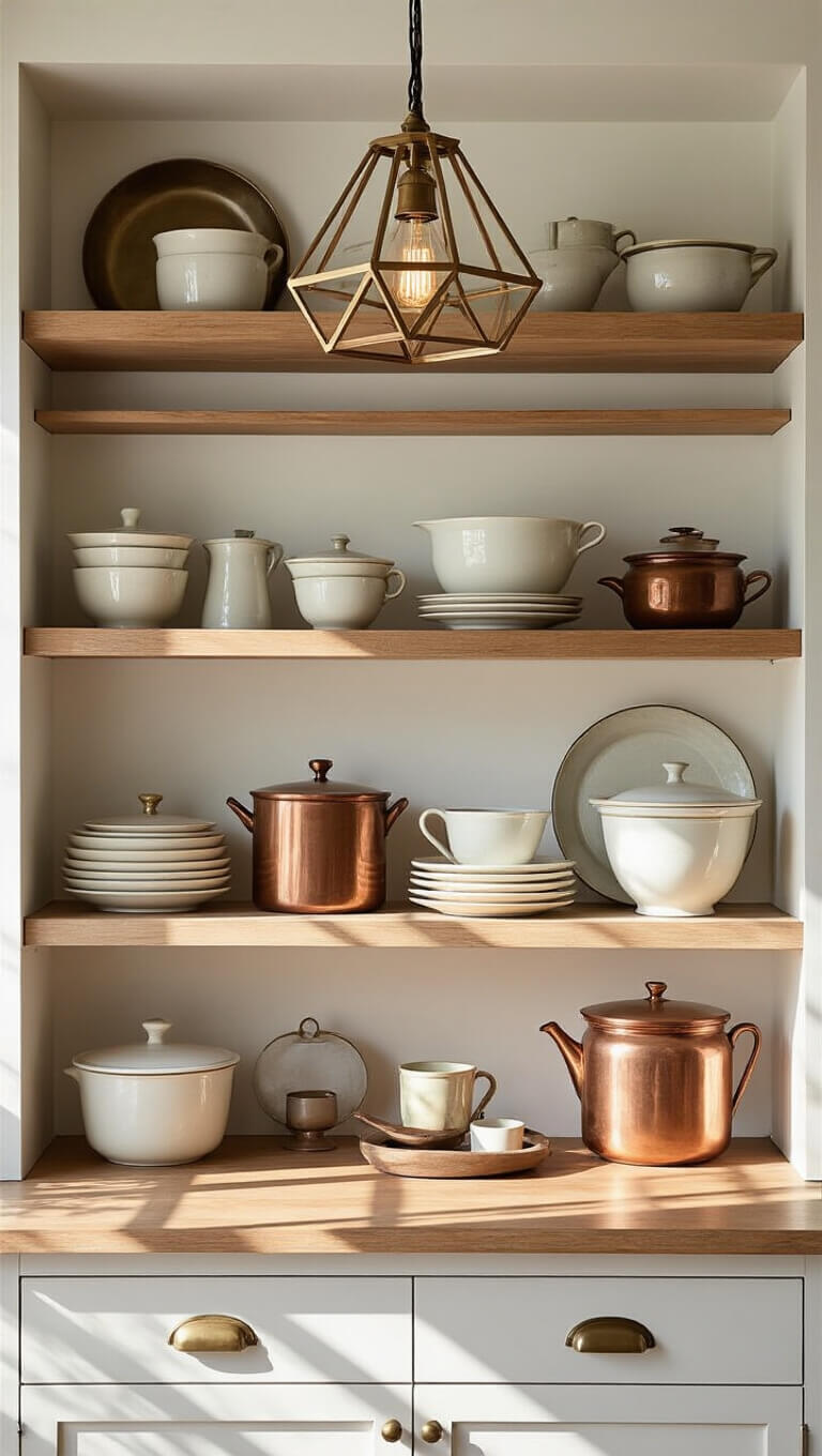 Curated vintage kitchenware on open shelves with mixed materials and afternoon light casting shadows through geometric pendant.