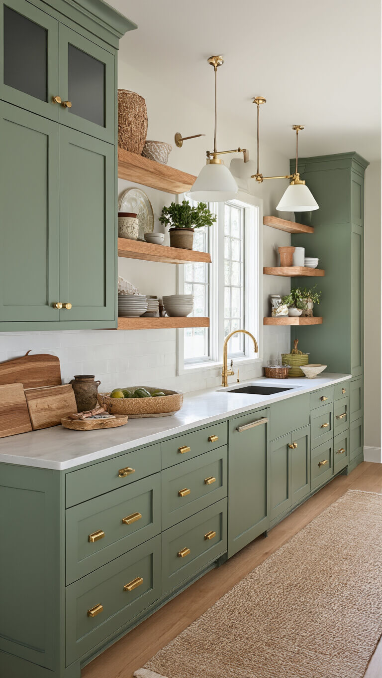 Straight-on view of a full kitchen wall with sage green floor-to-ceiling cabinetry, brass hardware, wooden floating shelves, vintage-style lighting, and seasonal decor elements.