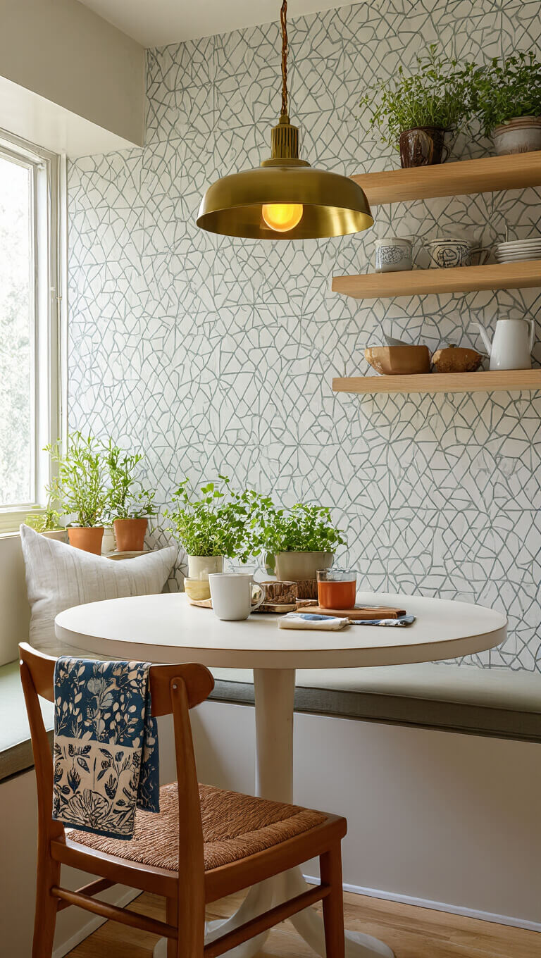 Mid-century modern kitchen breakfast nook with vintage brass pendant, geometric wallpaper, round table, open shelves, potted herbs, and artistic tea towels in morning light.
