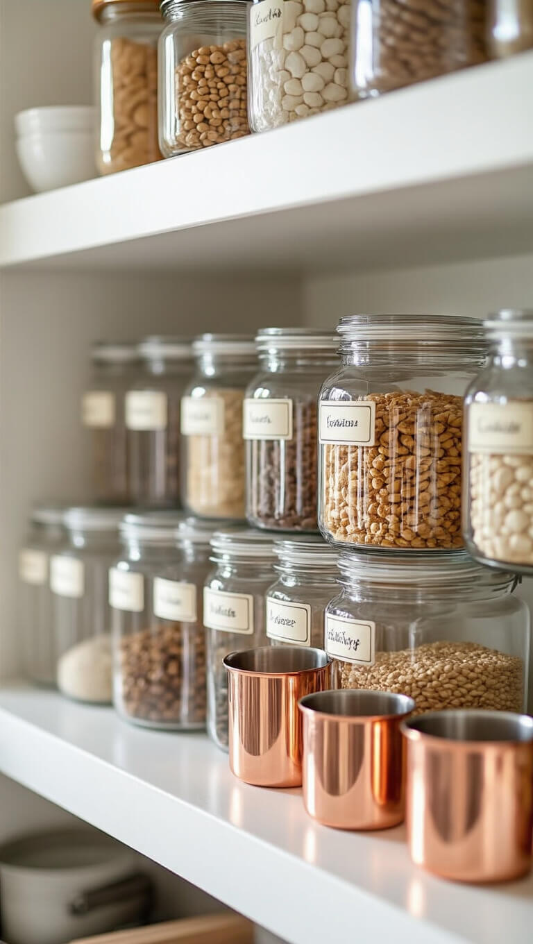 Close-up of neatly organized kitchen shelf with clear glass jars of dry goods, copper measuring cups, and vintage-style labels, shot at f/2.8 with natural light creating prism effects.