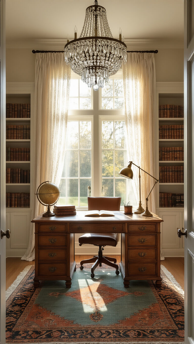 Interior designer's home office bathed in golden hour light, featuring a Victorian oak desk, crystal chandelier, Persian rug, and vintage decor seen from the doorway.