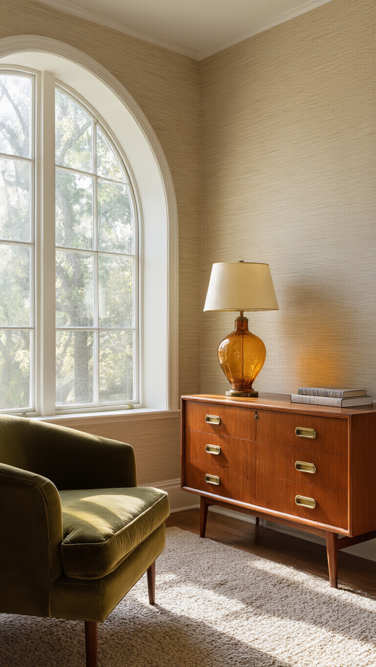 Cozy reading nook with vintage velvet armchair, mid-century teak credenza, and amber Art Deco lamp in early morning light by a curved bay window.