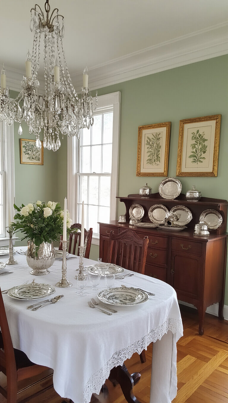Victorian-style dining room at dusk with crystal chandelier, antique farmhouse table set with white lace-trimmed cloth, mahogany sideboard, and herringbone hardwood floors.