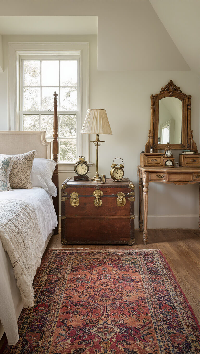 Eclectic bedroom with vintage trunk nightstand, four-poster bed, Persian runner, and Victorian dressing table bathed in morning light.