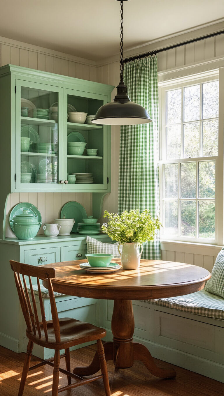 Cozy 8x10ft kitchen nook with vintage mint green hutch, jadeite dishes, oak table under industrial pendant light, and gingham-curtained window glowing with afternoon sun.