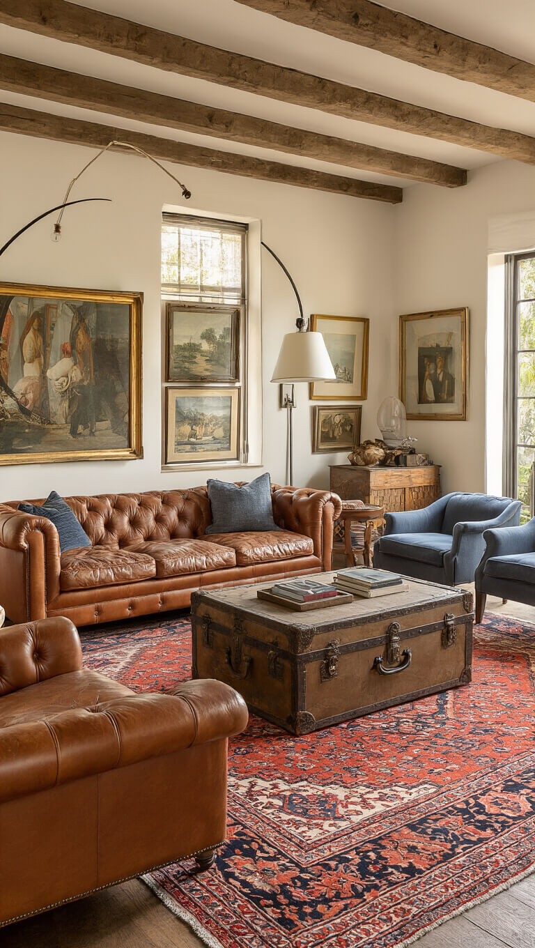 Sunlit living room with mid-century and Victorian furniture, Persian rug, antique trunk coffee table, and gallery wall, seen from above.