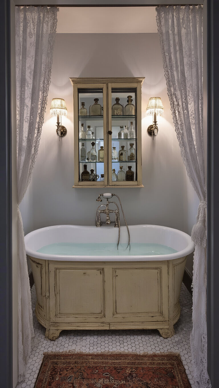 Serene twilight bathroom with clawfoot tub, vintage apothecary cabinet, crystal sconces, mercury glass mirror, and Turkish kilim runner on hex tile floor.