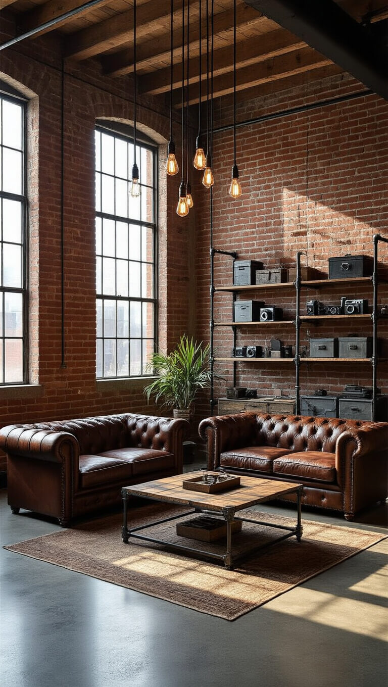 Loft-style living room with exposed brick walls, polished concrete floors, factory windows, and vintage industrial decor with dramatic late afternoon lighting.