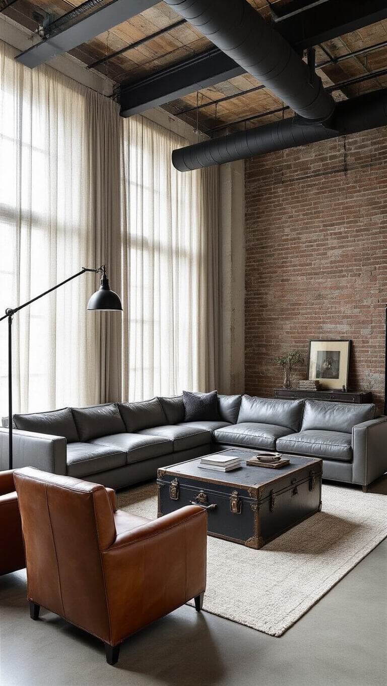 Photorealistic industrial living space with 14ft ceilings, exposed matte black HVAC ducts, grey leather sectional, cognac club chairs, and vintage trunk coffee table in natural morning light.