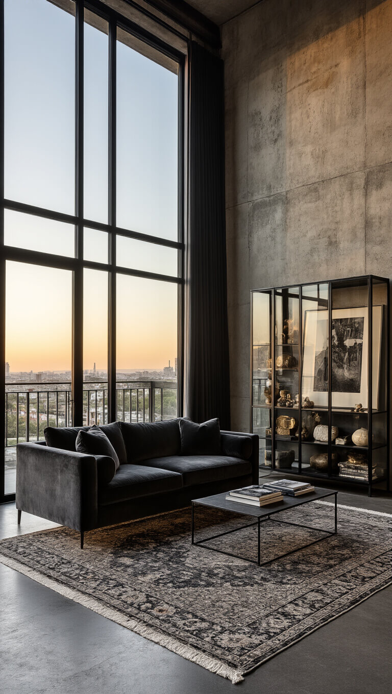 Moody corner living room with charcoal velvet sofa, textured concrete wall, golden hour lighting, and floor-to-ceiling windows, featuring abstract factory art and a display cabinet of curiosities.