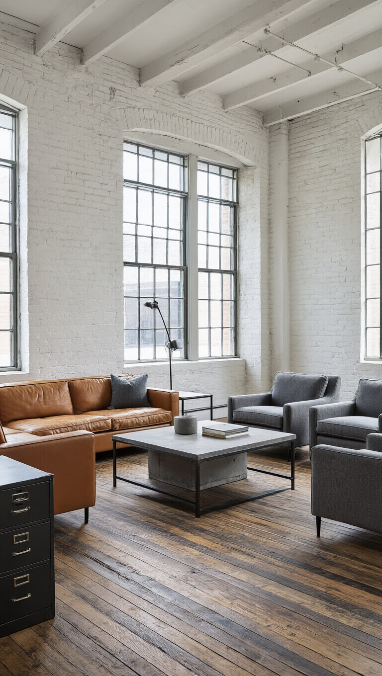 Photorealistic modern industrial living area with whitewashed brick walls, original hardwood floors, camel leather sofa, grey wool armchairs, and factory windows letting in diffused midday light.