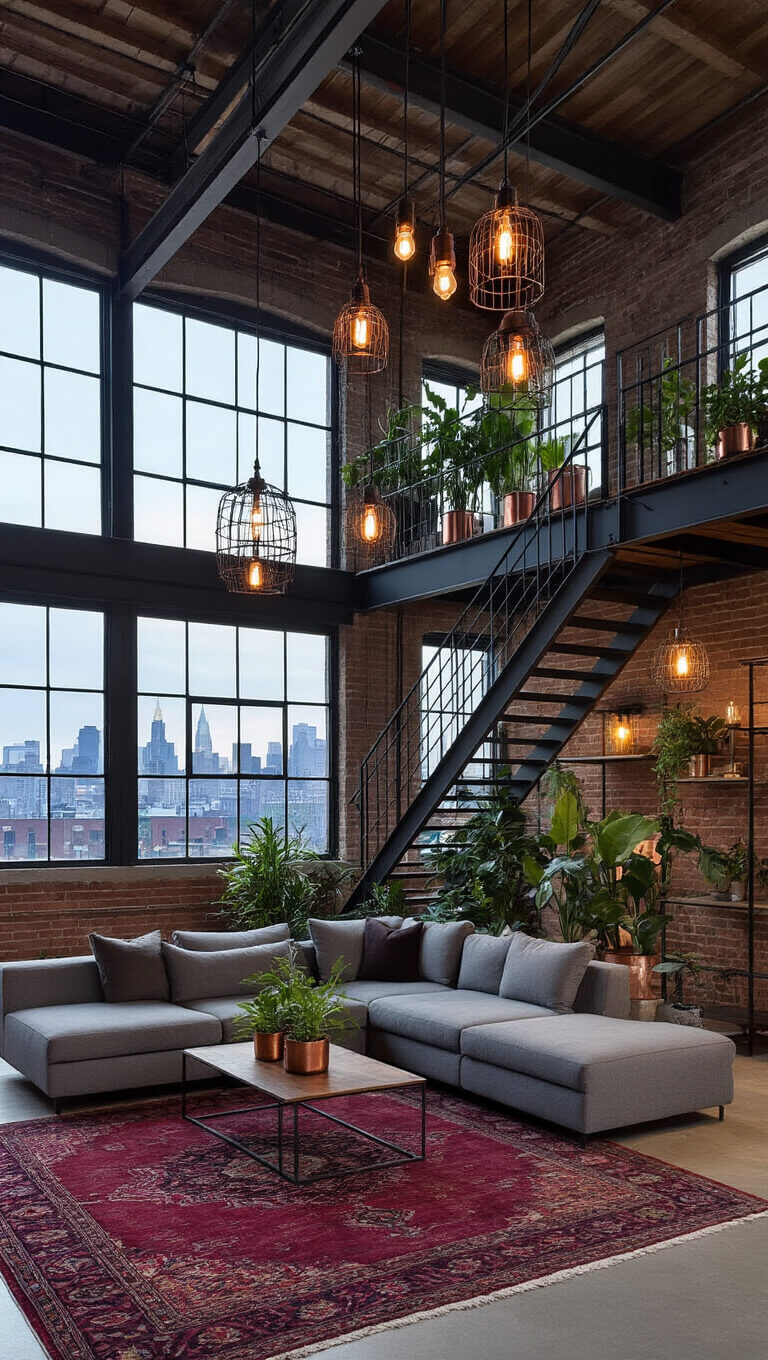Bird's eye view of a moody, double-height urban industrial living room with exposed steel beams, metal staircase, modular grey sectional on burgundy rug, pendant Edison lights, and city views through warehouse windows.
