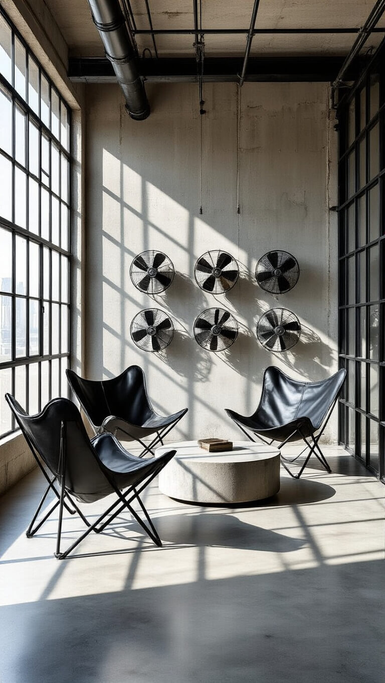 Modern industrial studio living area with concrete floors, metal-framed glass partition, black leather butterfly chairs around concrete coffee table, industrial pipe shelving, and vintage metal fan wall art in afternoon sunlight.