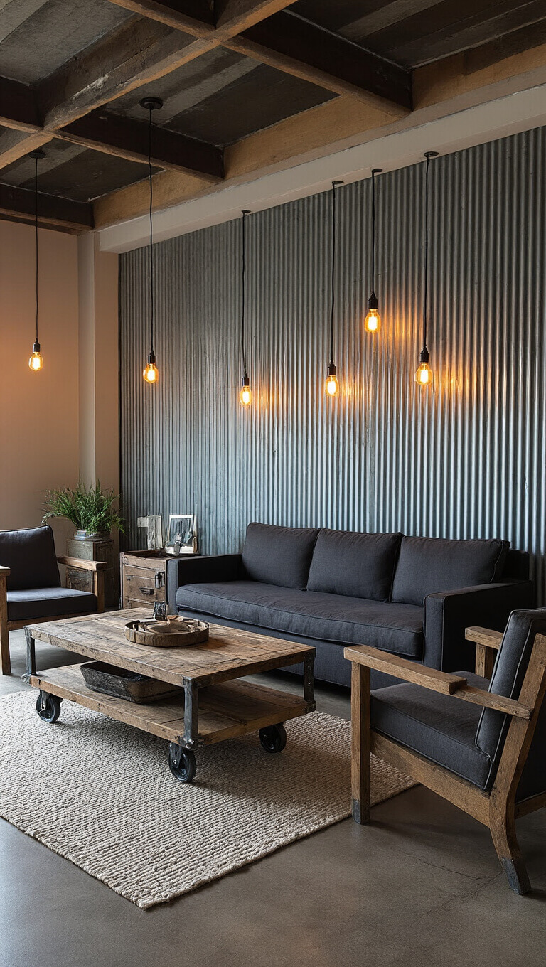 Industrial-style living room with corrugated metal accent wall, exposed ceiling joists, charcoal linen sofa, vintage cart coffee table, and moody Edison bulb lighting.