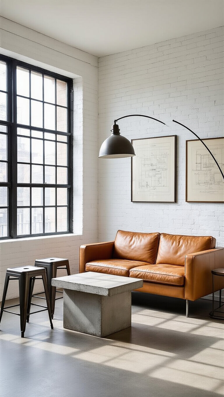 Minimalist modern industrial living space with white brick walls, tan leather loveseat, metal stools, arc floor lamp, and gallery wall of vintage technical drawings.