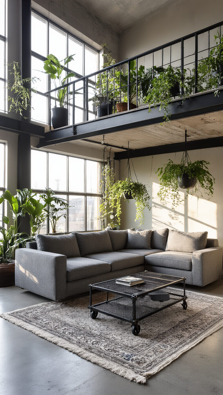 Industrial loft living area with grey sectional, metal railings, wheeled coffee table, and hanging plants viewed from mezzanine in dramatic late afternoon light.