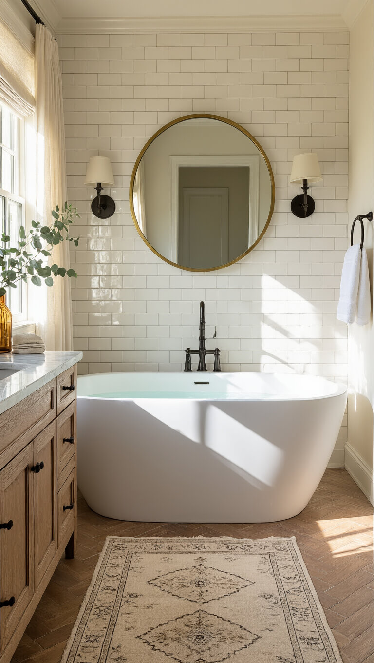 Sunlit master bathroom with freestanding oval tub, restored oak vanity, herringbone marble floor, and vintage accents during golden hour.