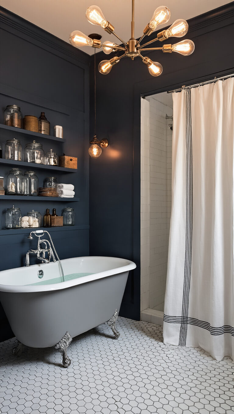 Wide-angle view of a vintage modern bathroom at dusk featuring a grey clawfoot tub, navy accent wall, exposed bulb chandelier, white hexagon tiles, and mixed modern-vintage shelving.