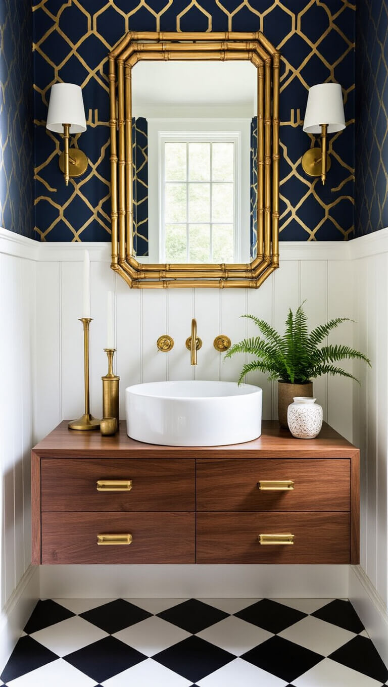 Bold geometric navy and gold wallpaper above white wainscoting in a stylish powder room with floating walnut vanity, vessel sink, brass fixtures, vintage gold mirror, and black-and-white checkered floor tiles.